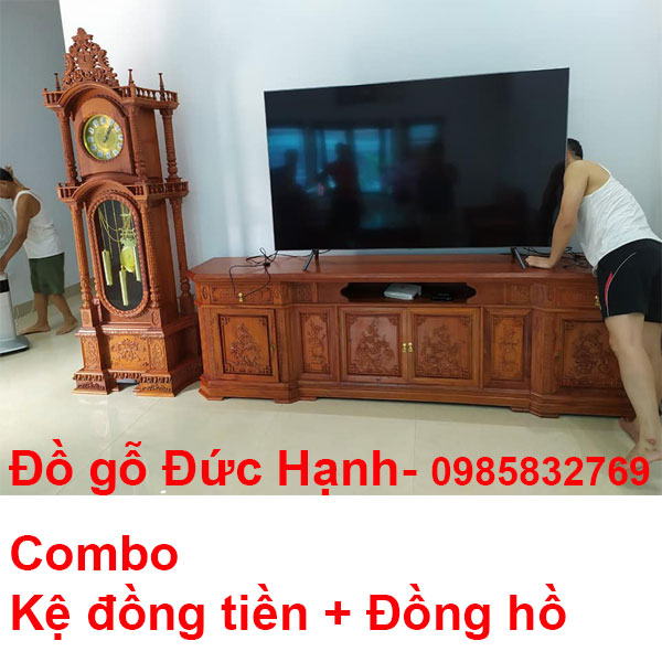 Combo kệ đồng tiền và đồng hồ gỗ hương đá